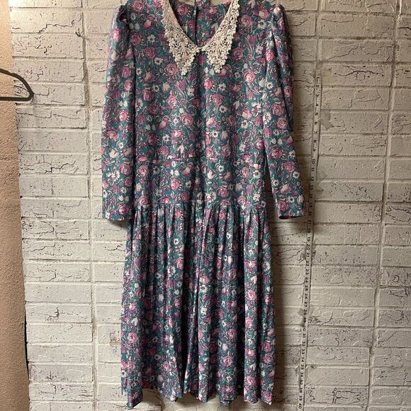 Vintage Floral 80s Jennifer Gee Pleated Long Sleeve Dress 10 - Picture 2 of 10